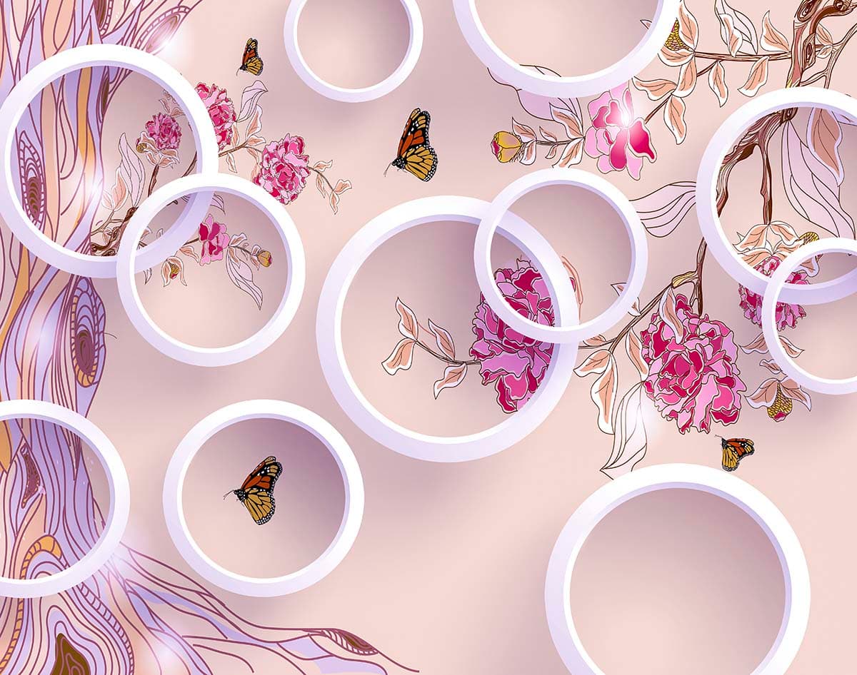 3D White Circles, Flowers and Butterflies Wallpaper for Living Room pattern detail