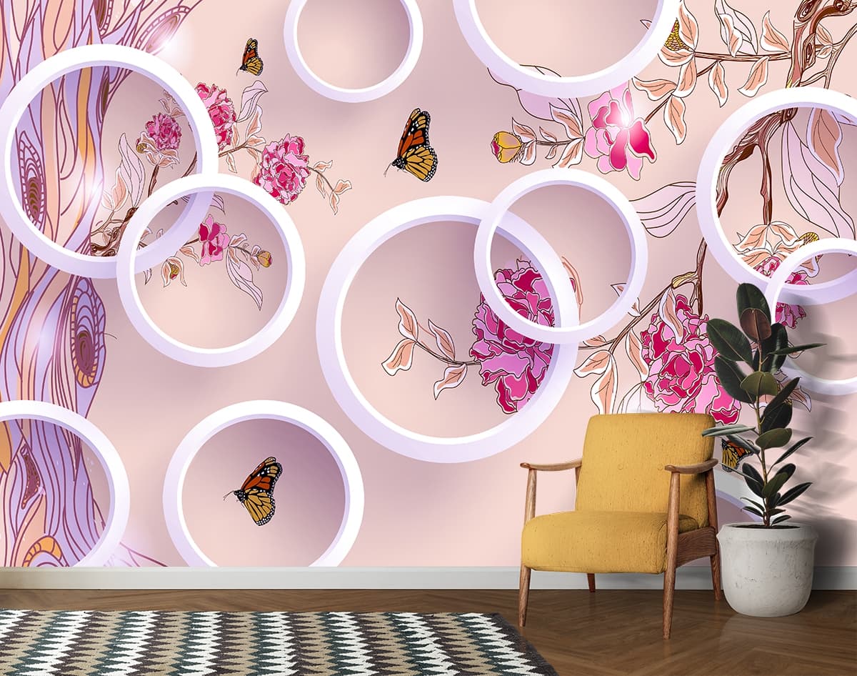 3D White Circles, Flowers and Butterflies Wallpaper for Living Room shown in a room