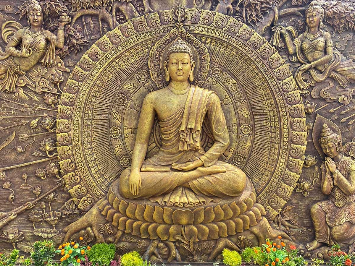 3D Buddha Statue Sitting on A Lotus Flower Wallpaper for Living Room pattern detail