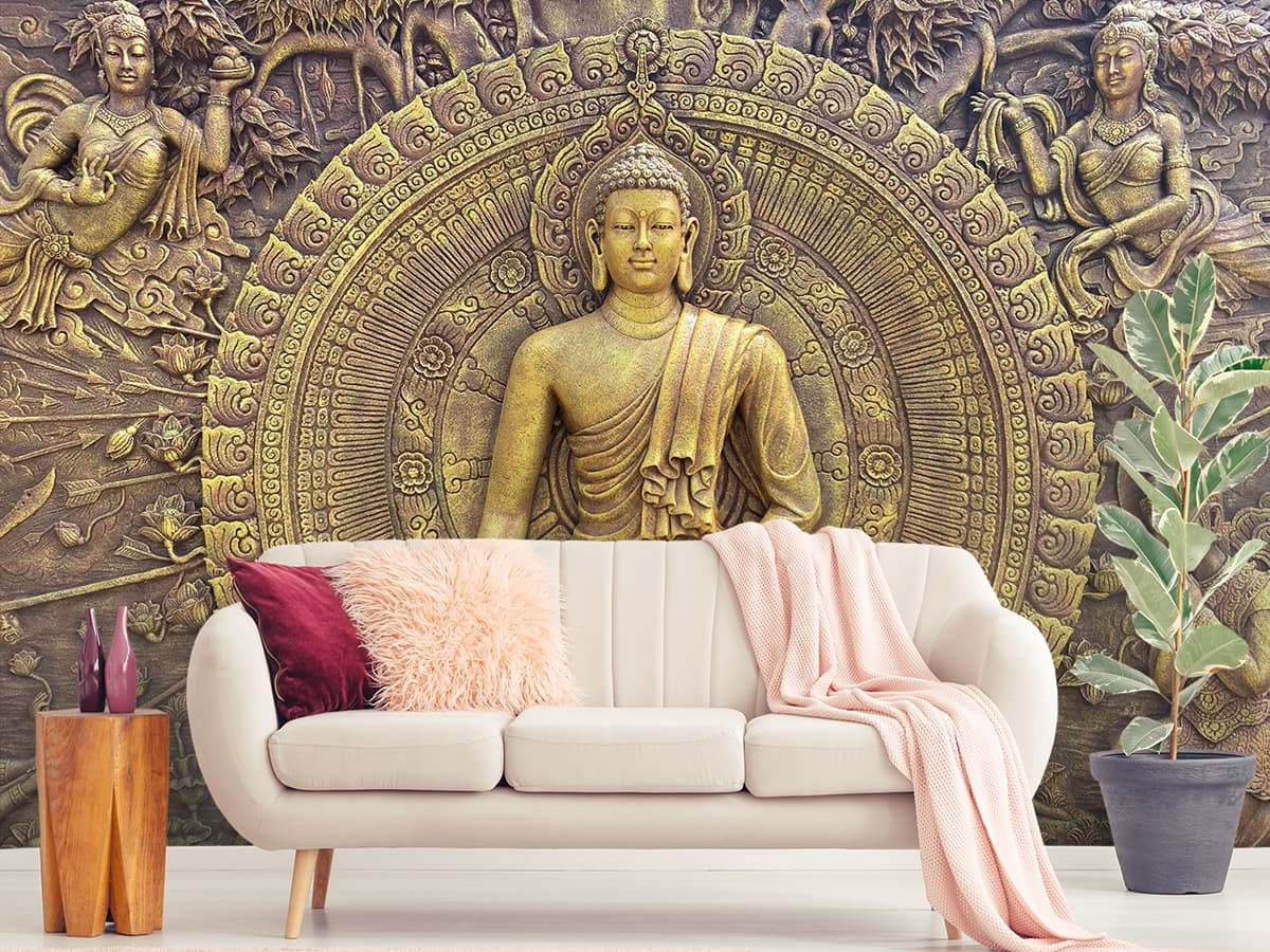 3D Buddha Statue Sitting on A Lotus Flower Wallpaper for Living Room shown in a room