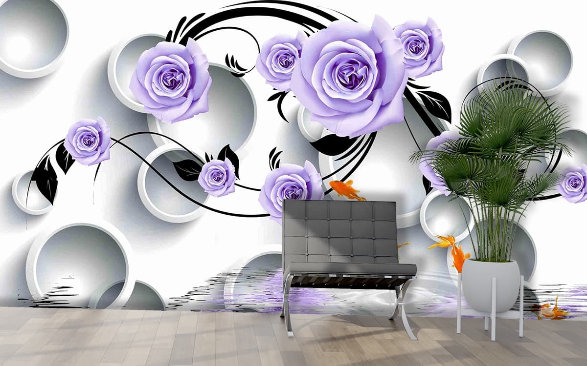 3D Wallpaper With Purple Roses and Goldfishes for Living Room shown in a room