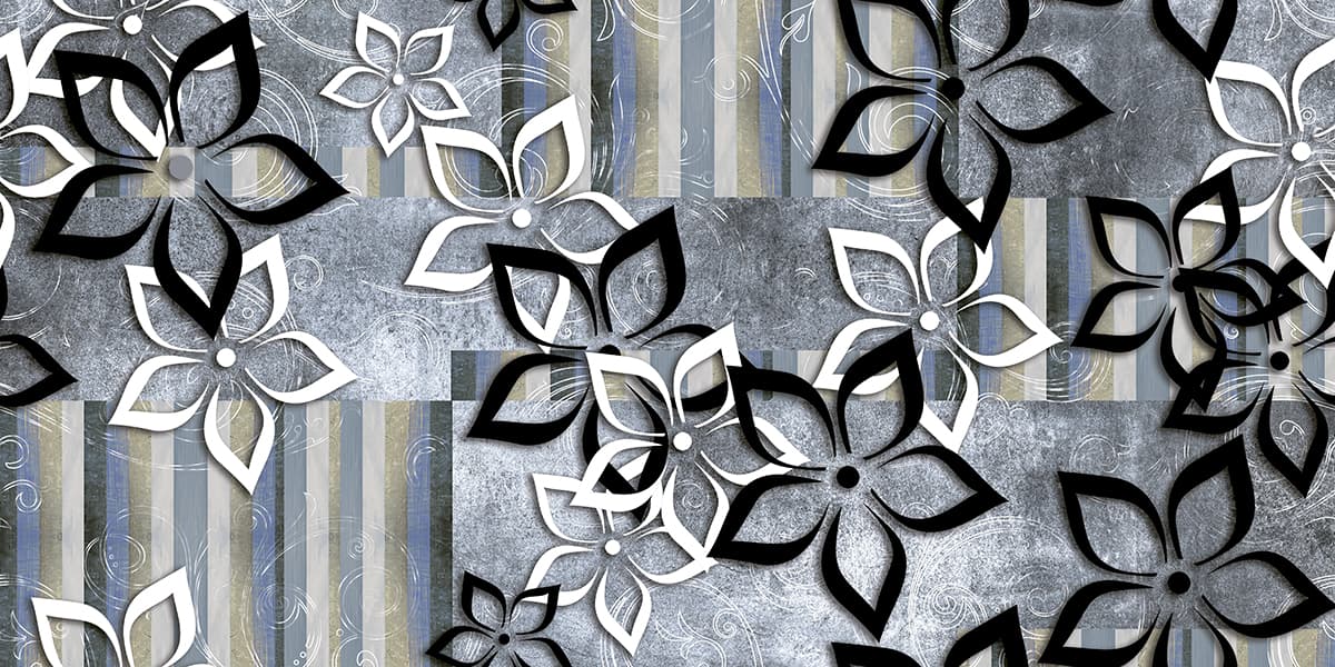 Stylish black white blooms over striped design wallpaper pattern detail