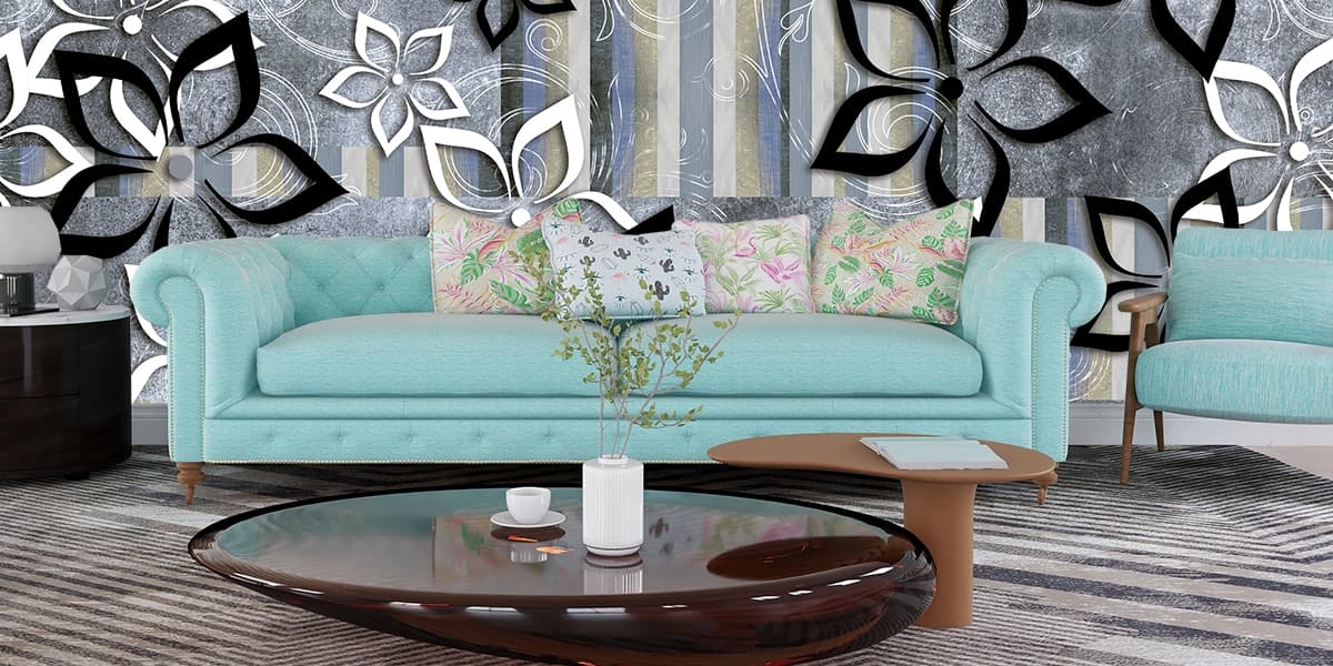 Stylish black white blooms over striped design wallpaper shown in a room