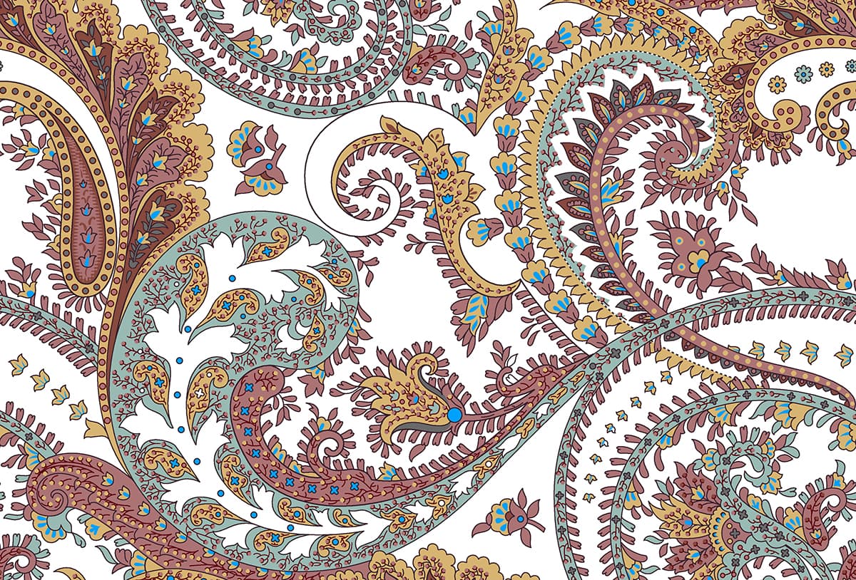Deewar Wallpaper, Colorful paisley pattern on a white background pattern detail