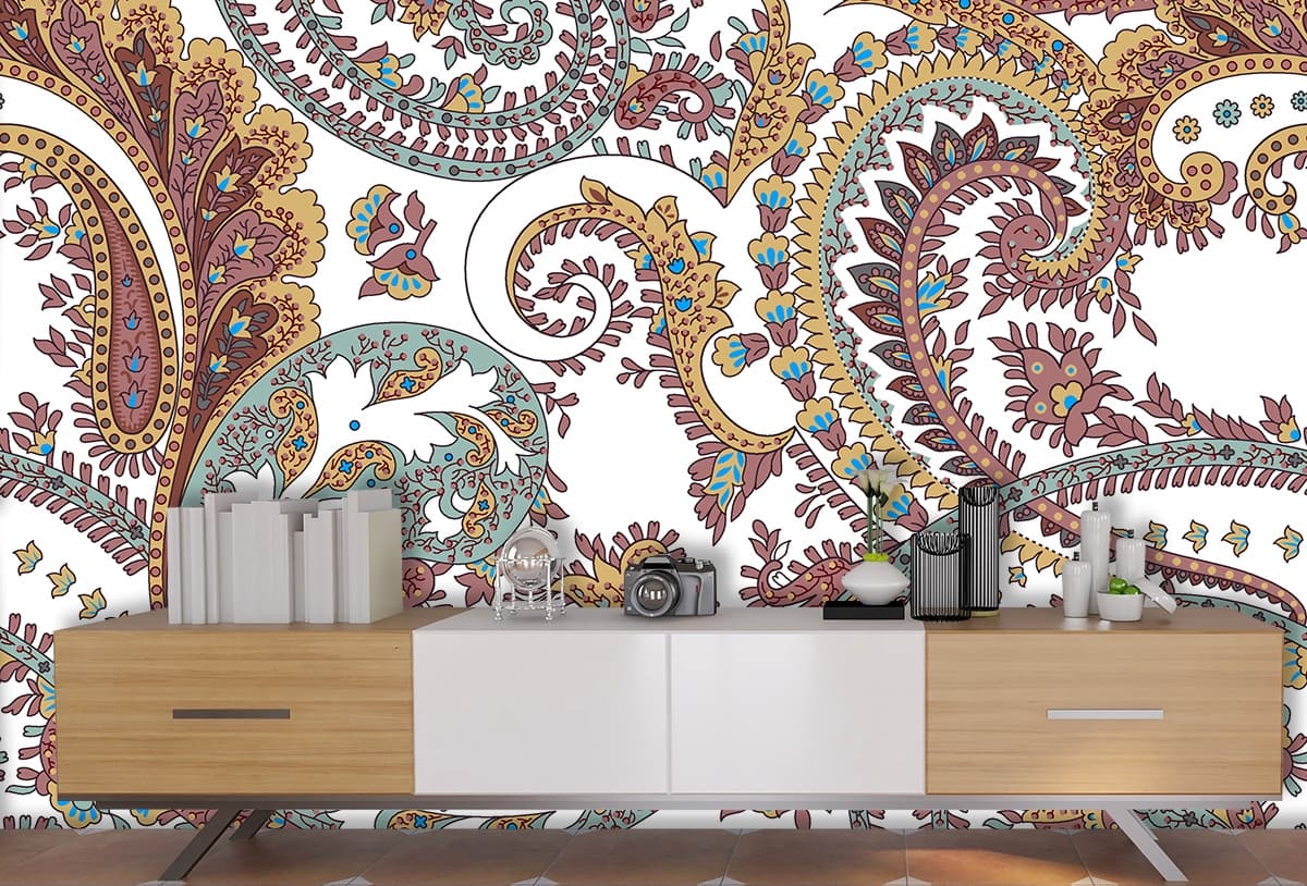 Deewar Wallpaper, Colorful paisley pattern on a white background shown in a room