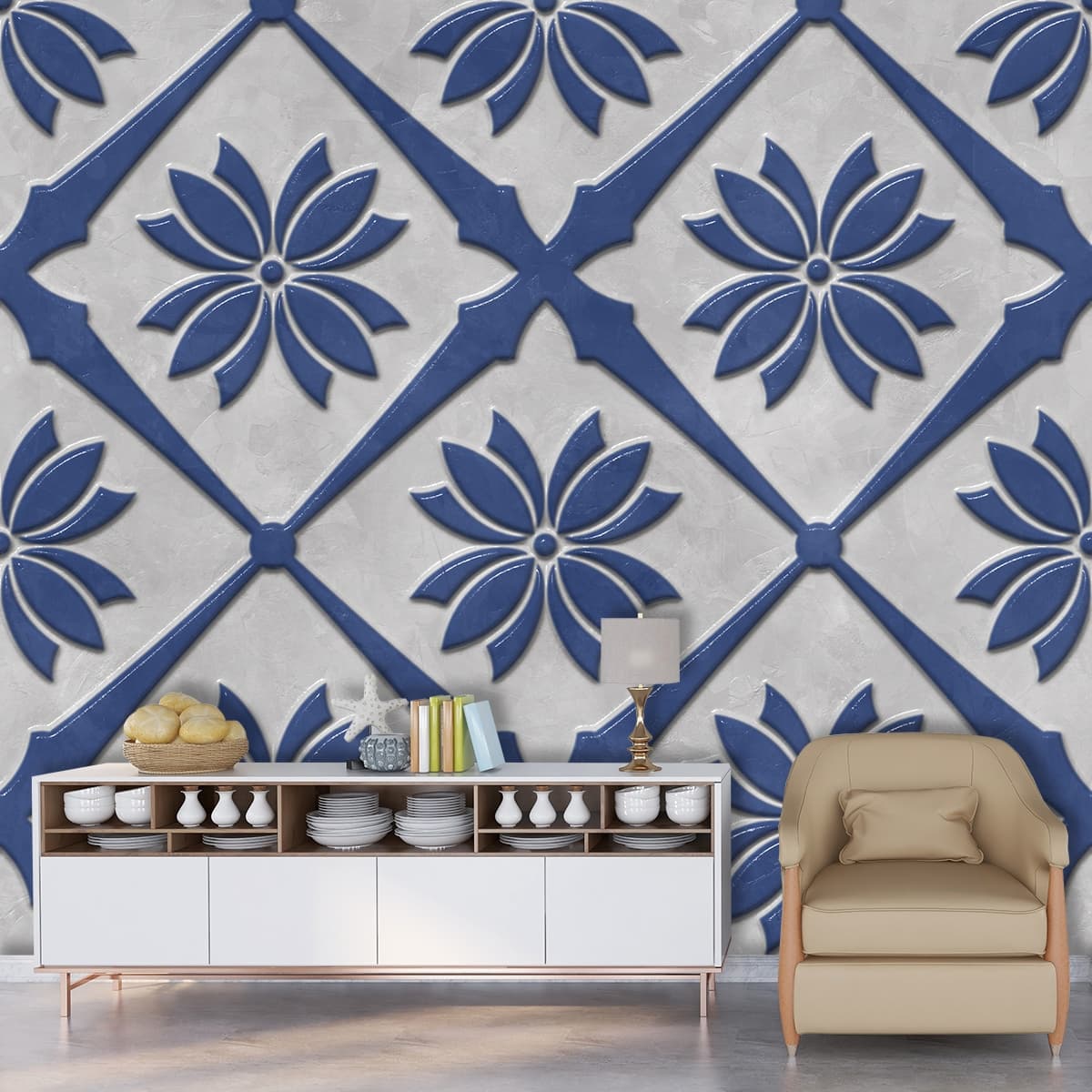 3D Blue and White Patterned Floral Wallpaper for Living Room shown in a room