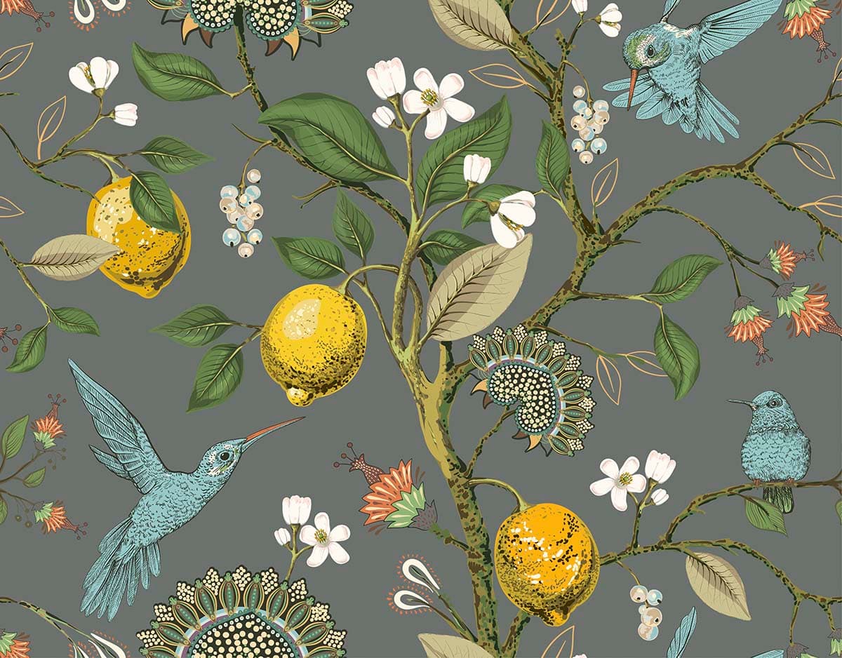 Lemon tree with birds and blossoms in vintage art wallpaper pattern detail