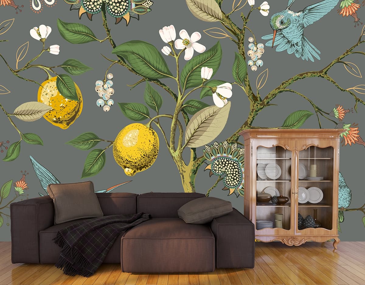 Lemon tree with birds and blossoms in vintage art wallpaper shown in a room