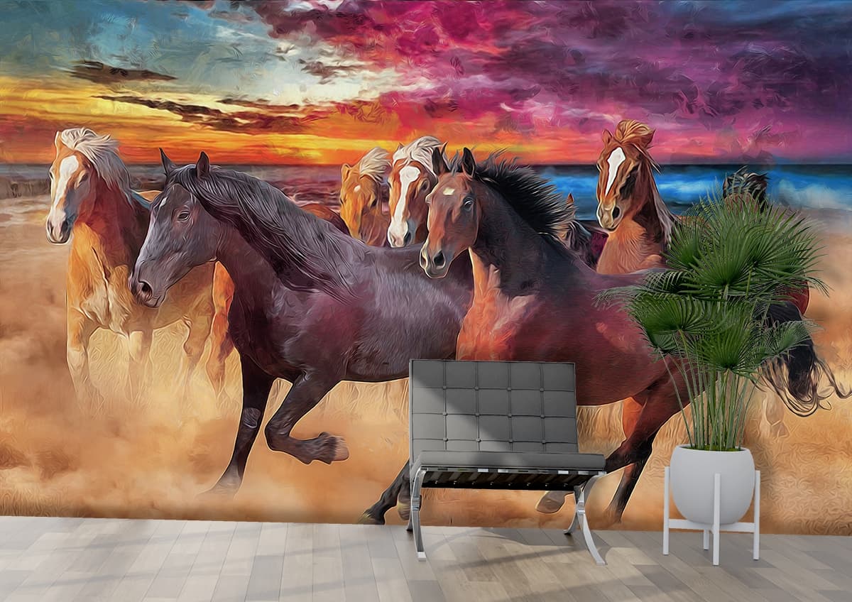 Wallpaper of Group of Horses Running in a Field shown in a room