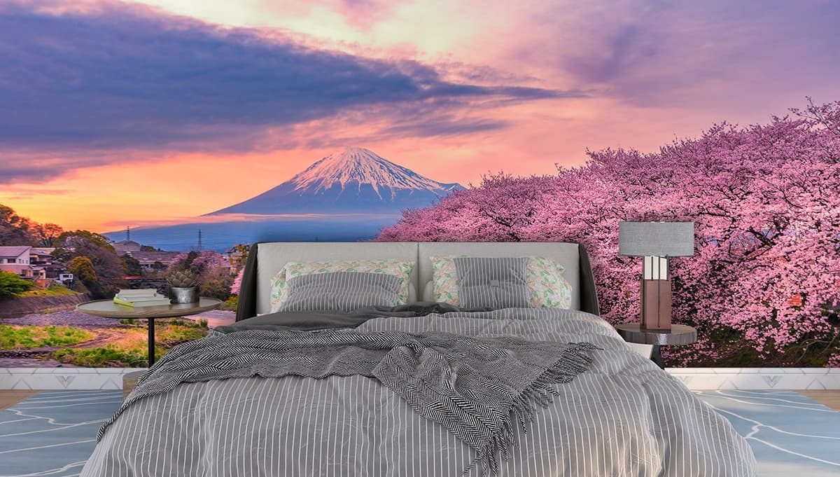 Peaceful River Valley Spring Flowers Wallpaper shown in a room