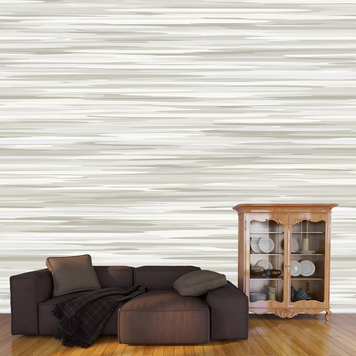Elegant White Gray Striped Texture Wallpaper shown in a room