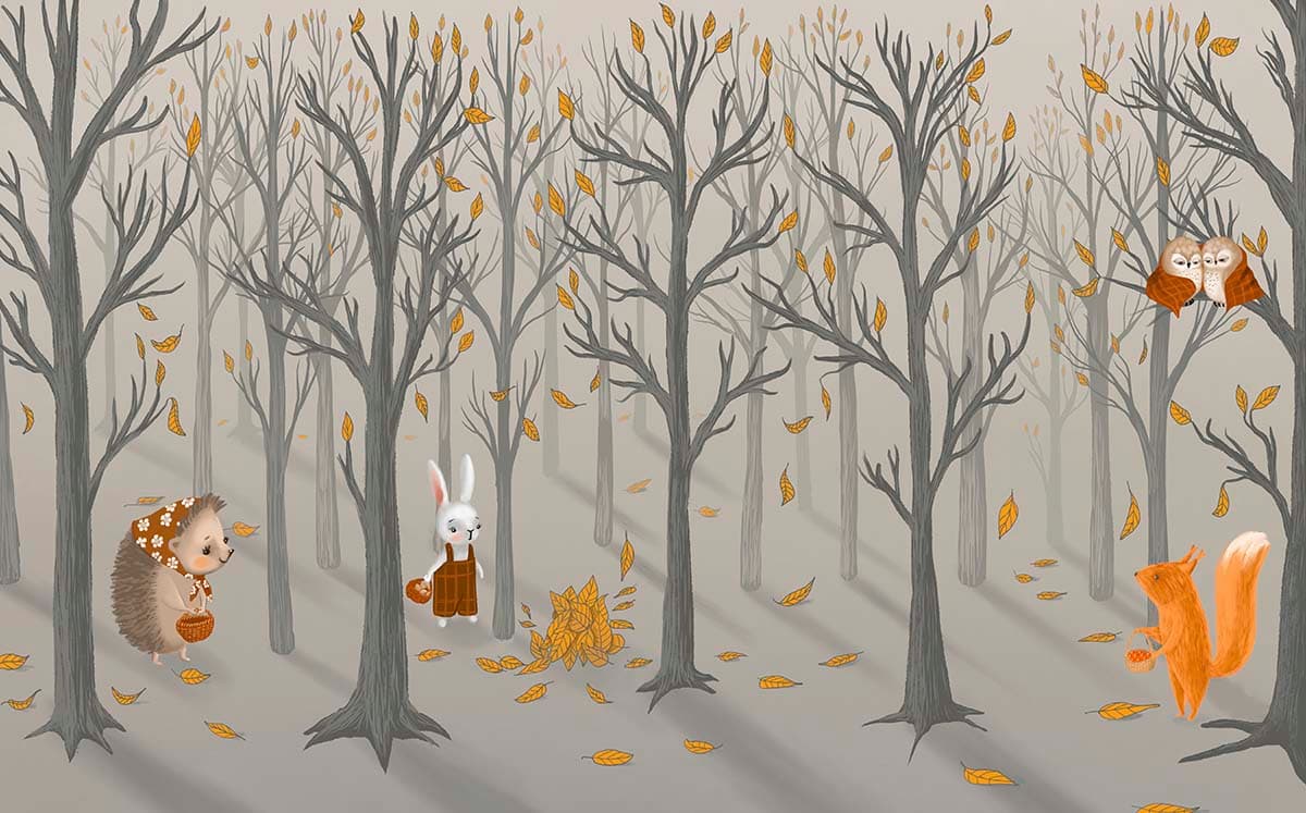 Hand Drawn Style Forest with Cute Bunny Art Wallpaper pattern detail