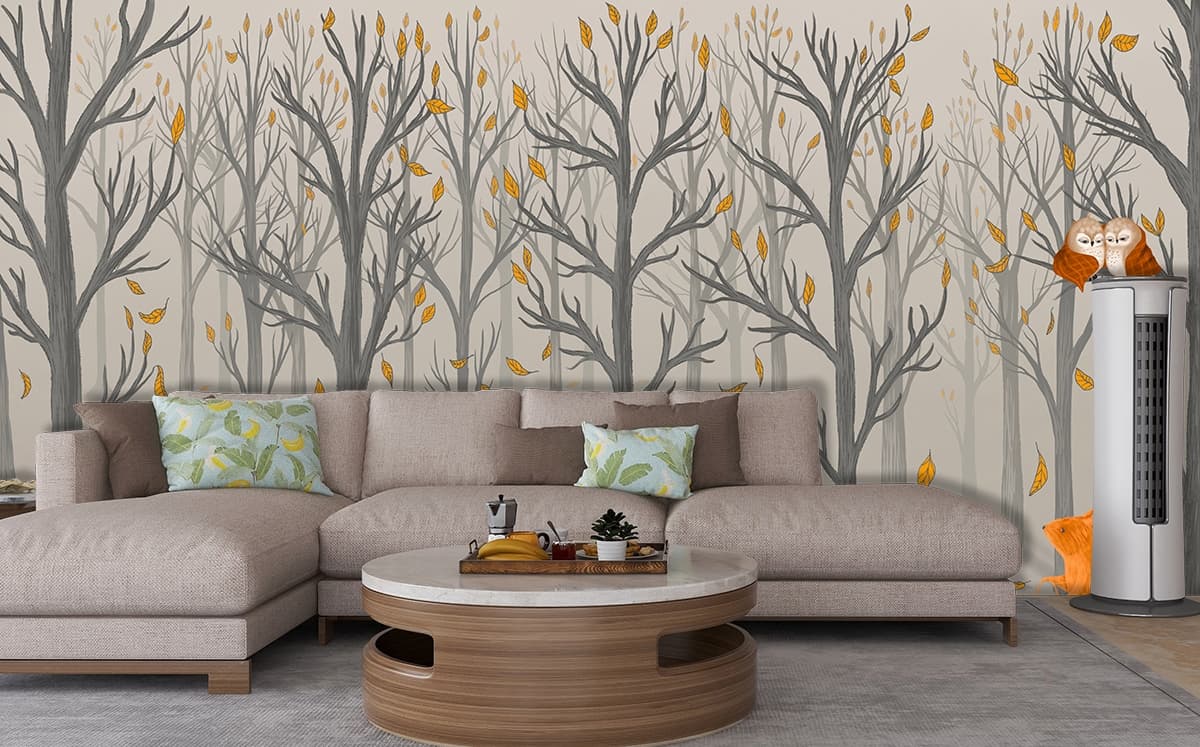 Hand Drawn Style Forest with Cute Bunny Art Wallpaper shown in a room