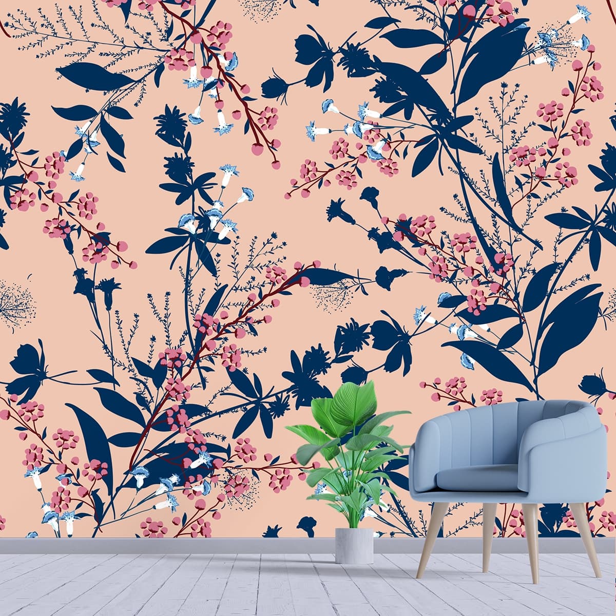 Nature Inspired Floral Leaves Pattern Wallpaper shown in a room