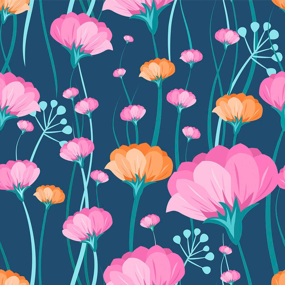 A colorful flowers on a blue backgrounds pattern detail