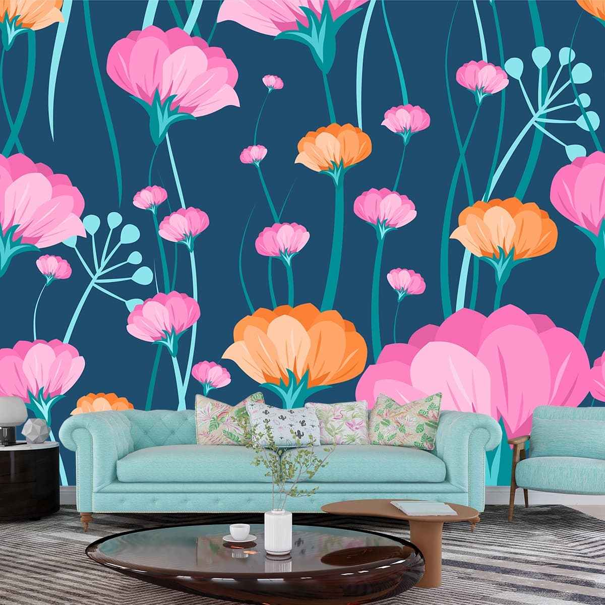 A colorful flowers on a blue backgrounds shown in a room