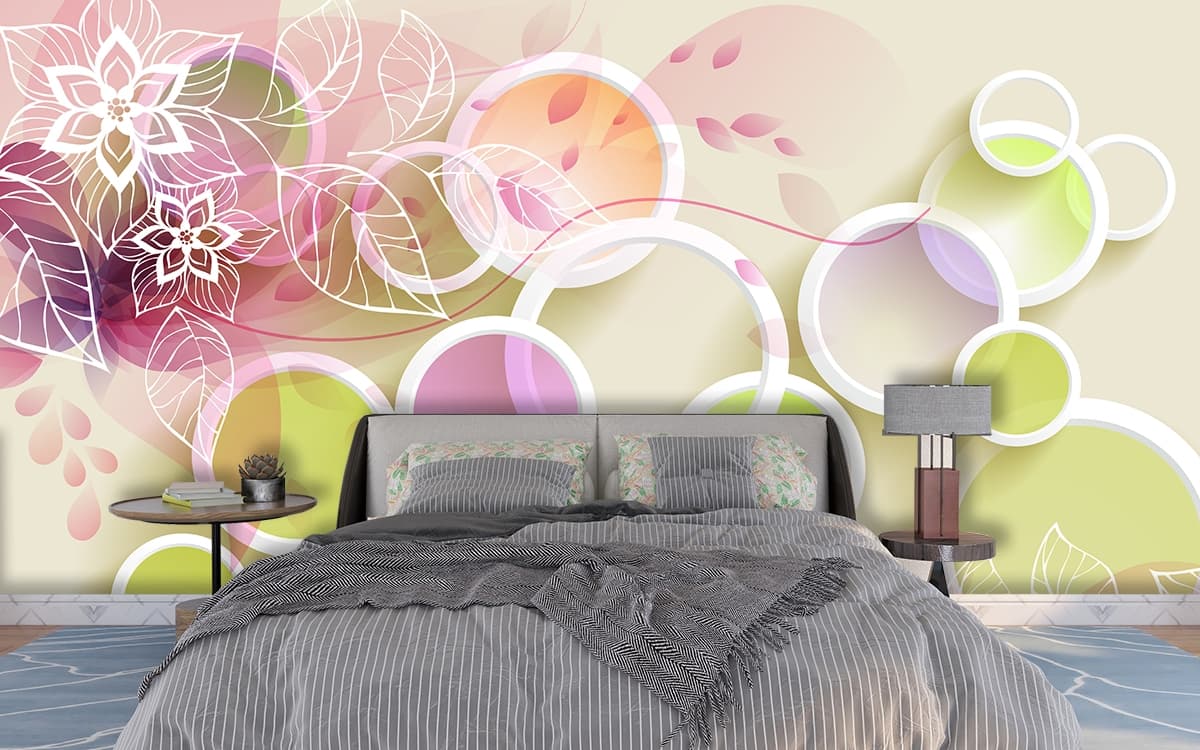 A Wallpaper for Wall of Bright Color Circles and White Leaves shown in a room