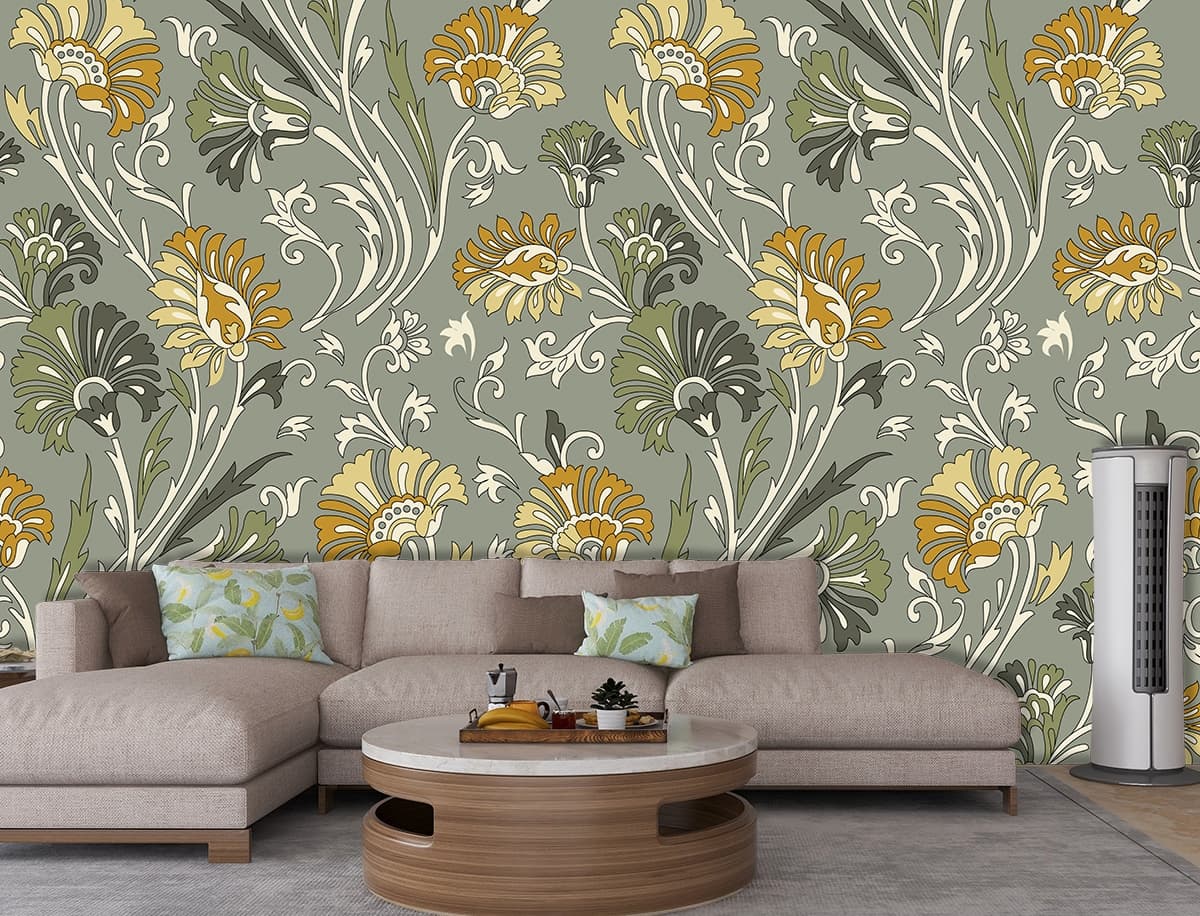 Yellow-Green Floral Harmony Wallpaper shown in a room