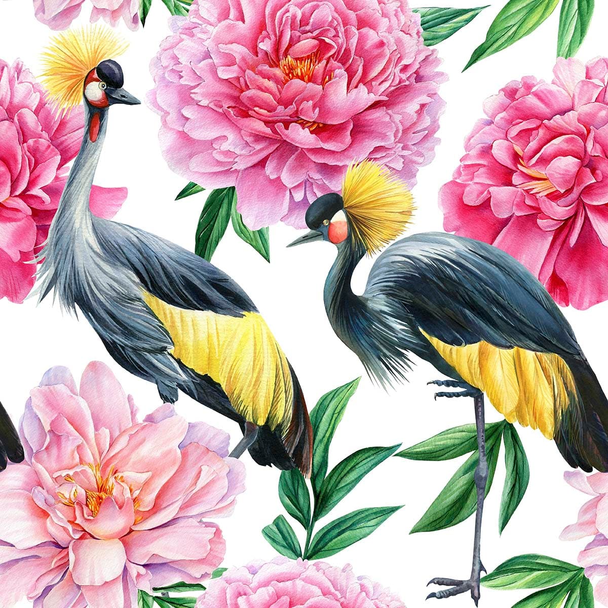 Beautiful birds and pink flowers wallpaper mural pattern detail