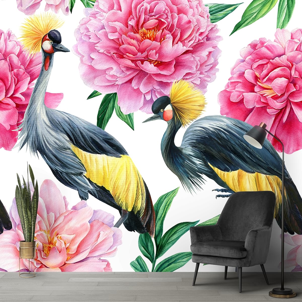 Beautiful birds and pink flowers wallpaper mural shown in a room