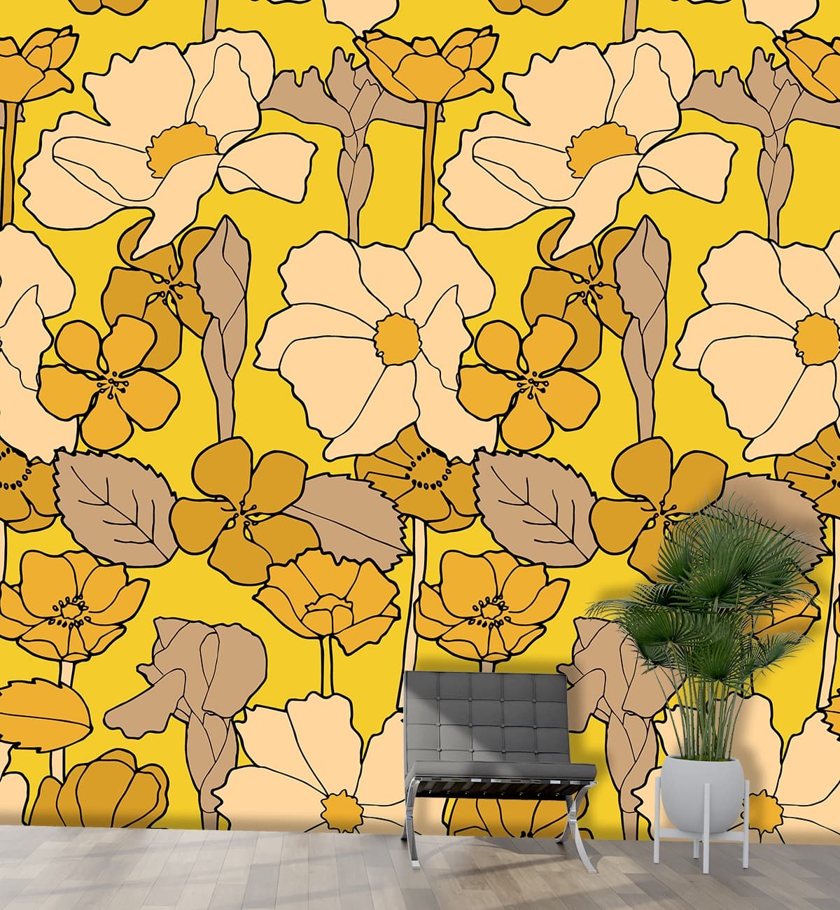 Aesthetic Yellow and White Flower Pattern Wallpaper shown in a room