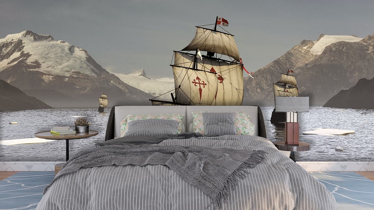 Strait of Magellan Elcano, Ship in the Water Scenery Wallpaper shown in a room
