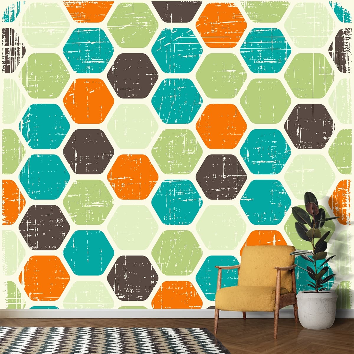 Colorful Hexagon Pattern Wallpaper for Kitchen shown in a room