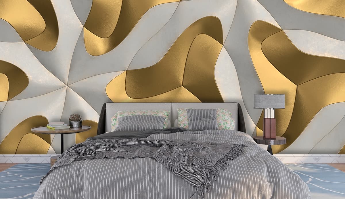3D White and Gold Pattern Wallpaper for Living Room shown in a room