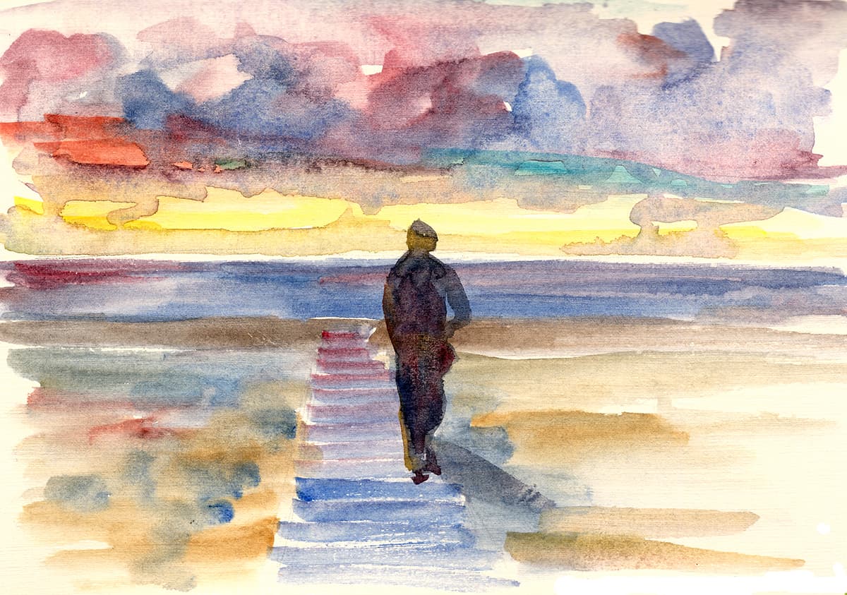 Watercolor Man Walking on Beach Wallpaper pattern detail
