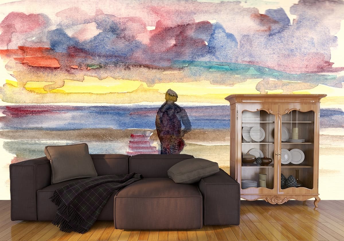 Watercolor Man Walking on Beach Wallpaper shown in a room