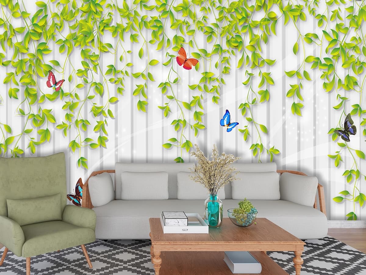 Modern Botanical Butterflies with Vines Wallpaper shown in a room
