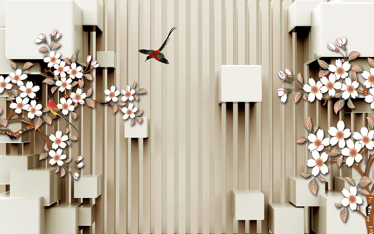 3D Wall With Flowers and A Bird Wallpaper for Living Room pattern detail