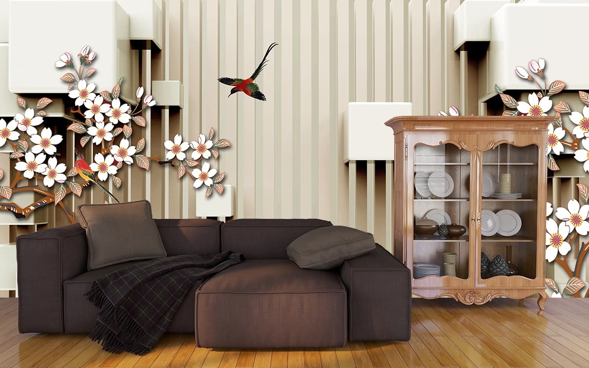 3D Wall With Flowers and A Bird Wallpaper for Living Room shown in a room