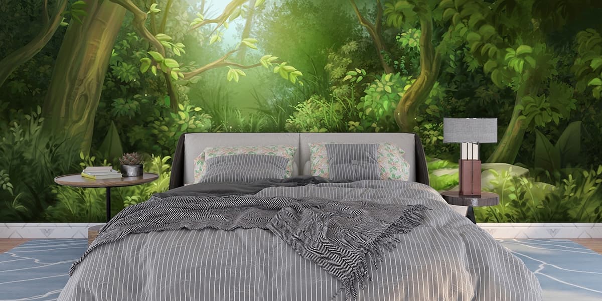 A rock in a forest shown in a room