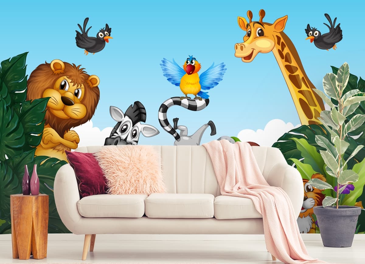 Cute Animals Wallpaper for Kids Room shown in a room