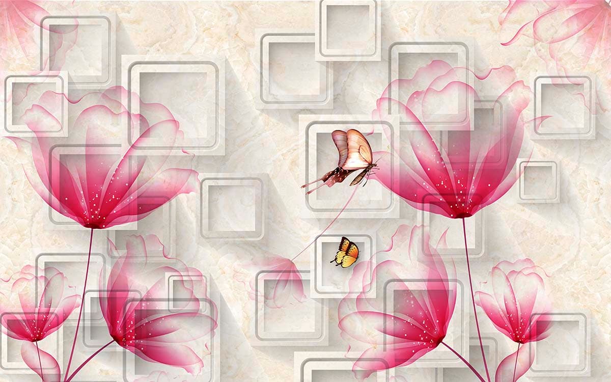 Modern Geometric Floral with Butterfly Design Wallpaper pattern detail