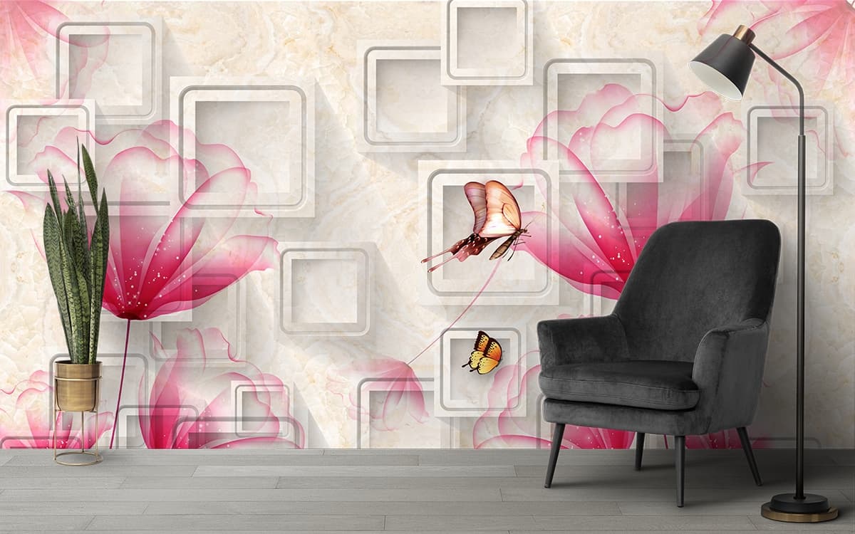 Modern Geometric Floral with Butterfly Design Wallpaper shown in a room