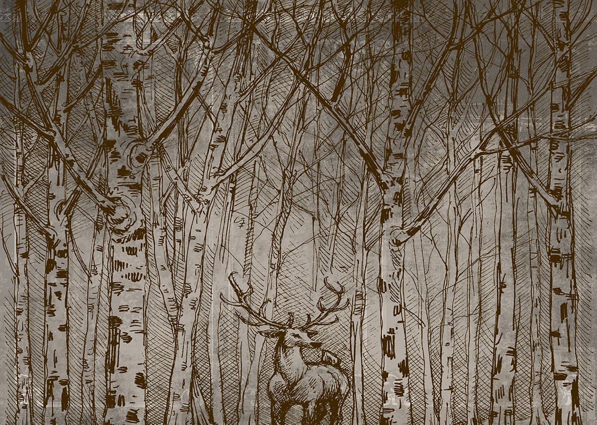 Artistic Deer Illustration in Forest Nature Wallpaper pattern detail