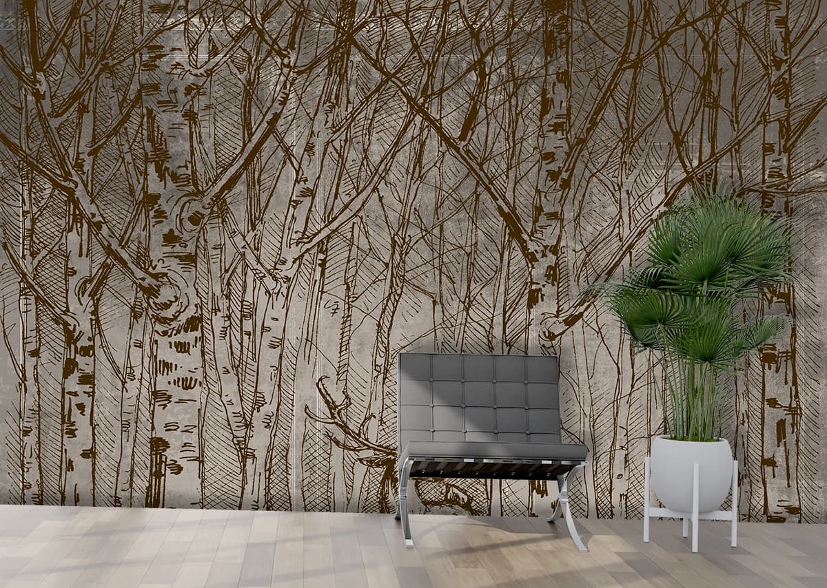 Artistic Deer Illustration in Forest Nature Wallpaper shown in a room