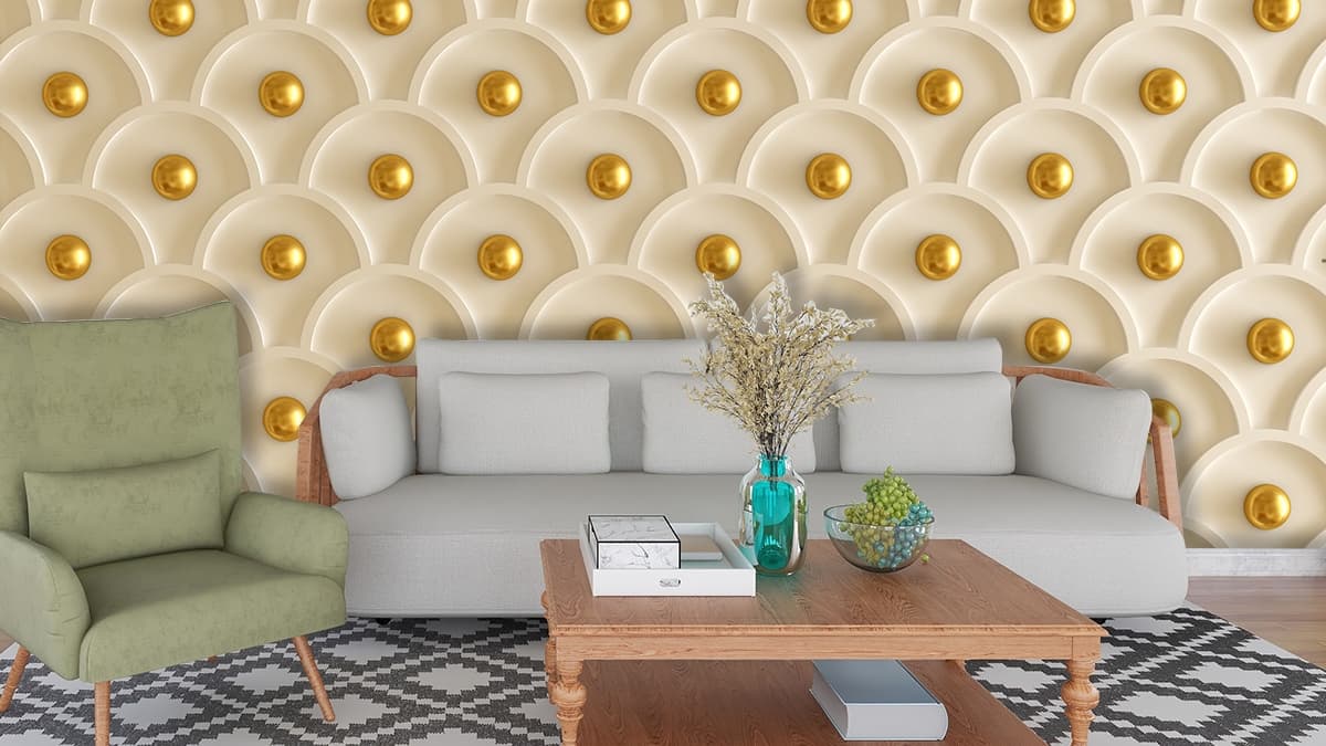 Beautiful White and Gold Pearl Pattern Wallpaper for Living Room shown in a room