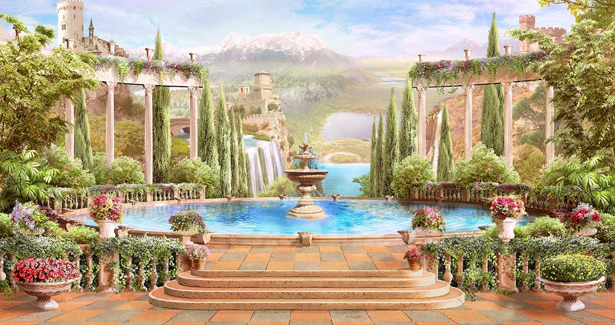 Luxury Poolside with Fountain and Scenic Mountain Lake Wallpaper pattern detail