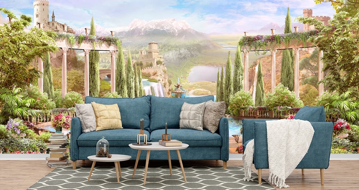 Luxury Poolside with Fountain and Scenic Mountain Lake Wallpaper shown in a room