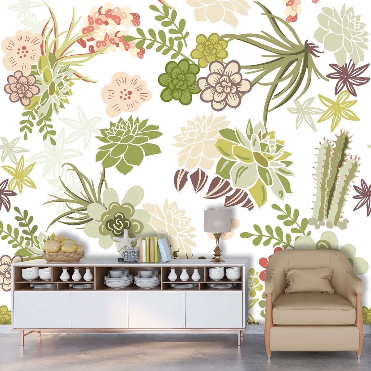 Elegant Flowers and Botanical Plants Pattern Wallpaper shown in a room
