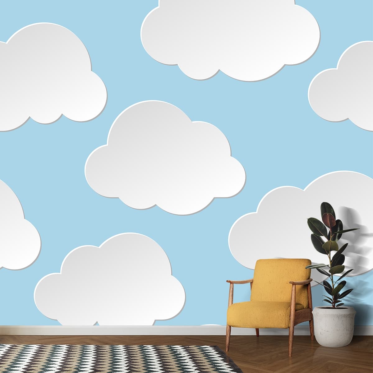 Dreamy Blue Sky Clouds Wall Decor Wallpaper shown in a room