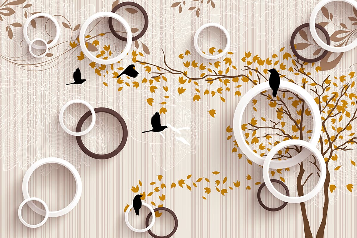 3D White Circles, Birds and Branches Wallpaper for Living Room pattern detail