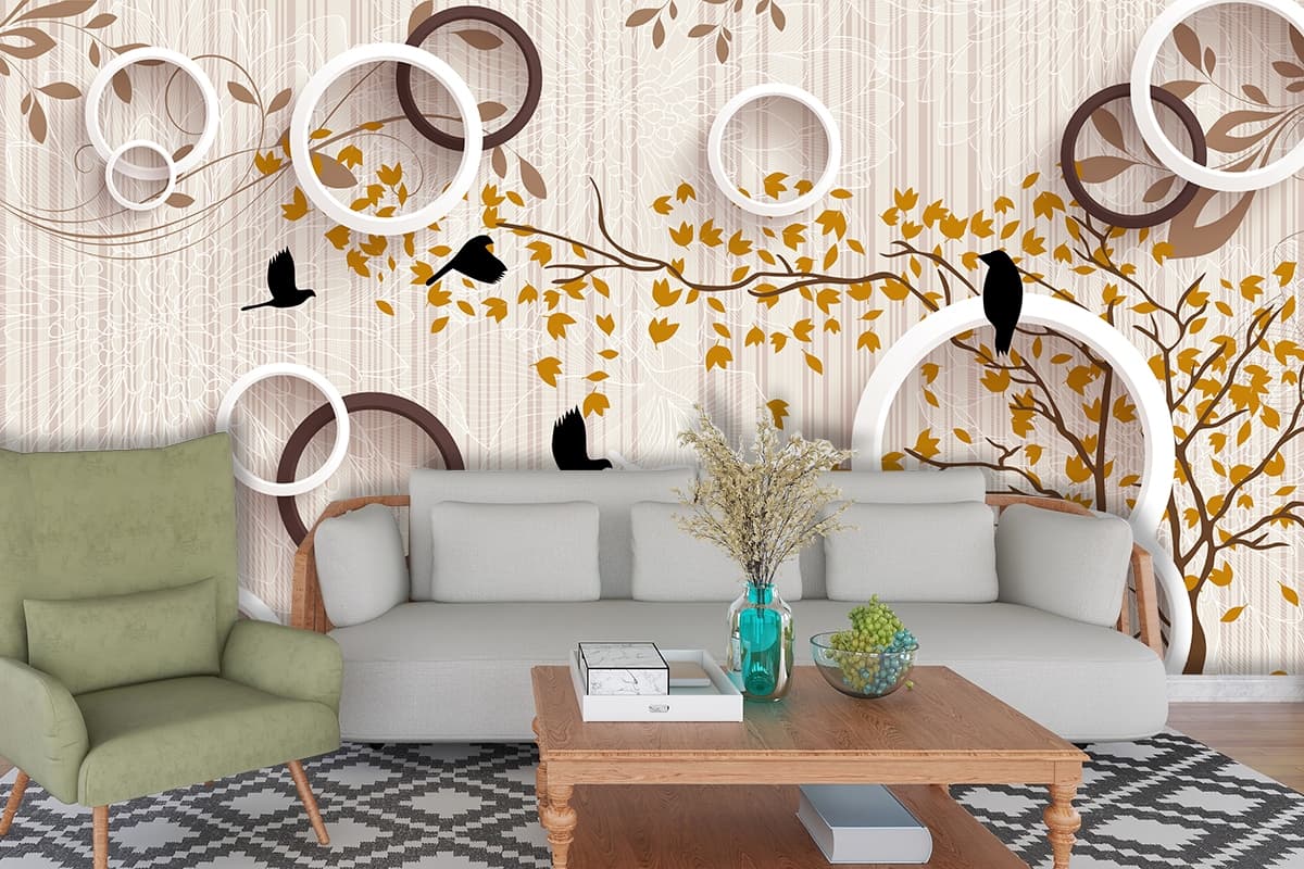 3D White Circles, Birds and Branches Wallpaper for Living Room shown in a room