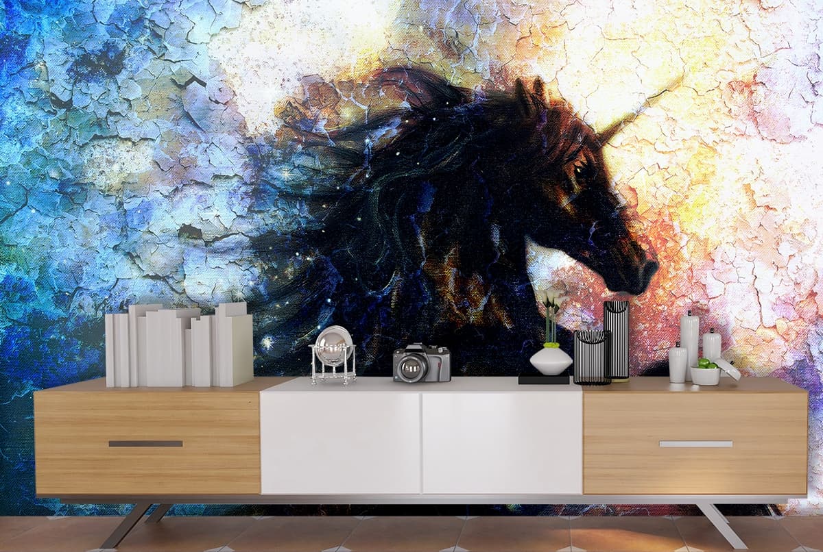 Magical Unicorn Fantasy Painting Kids Room Wallpaper shown in a room