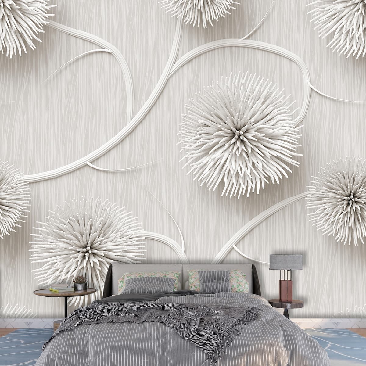 3D White Flower Design on a White Background Wallpaper for Living Room shown in a room