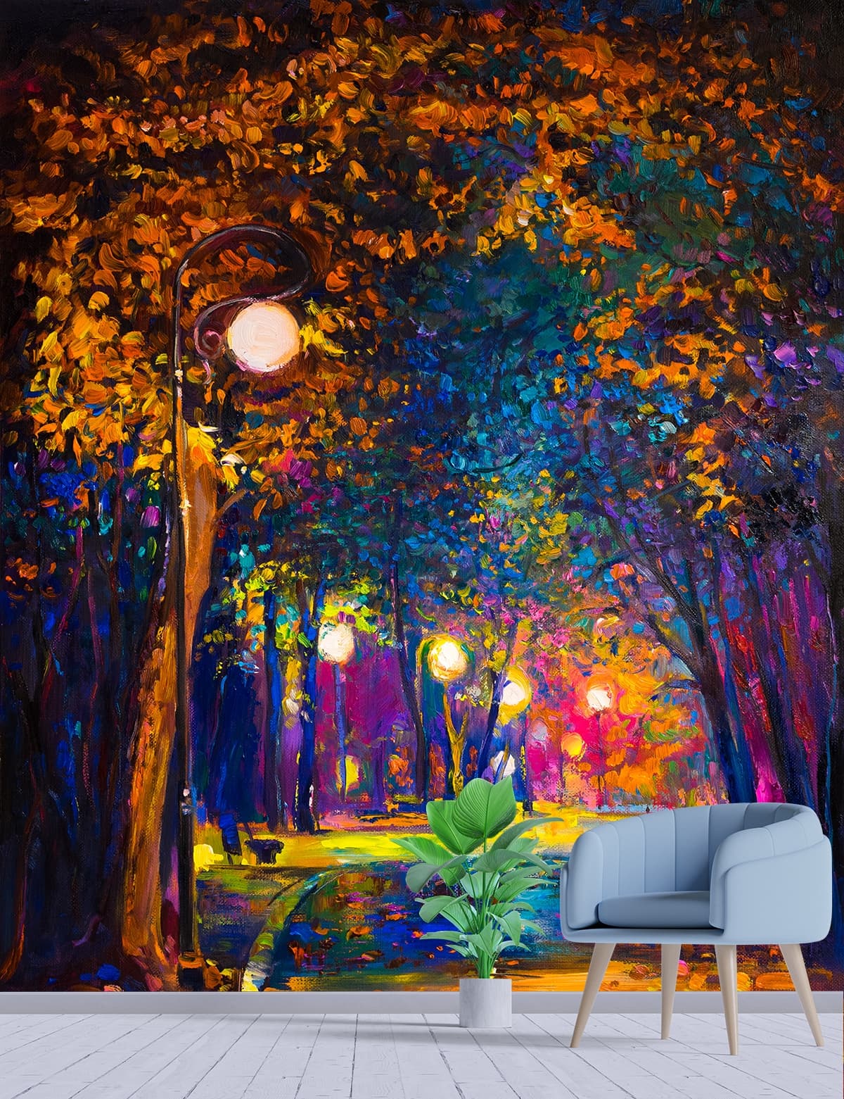 Elegant Street Light in Park Landscape Wallpaper shown in a room