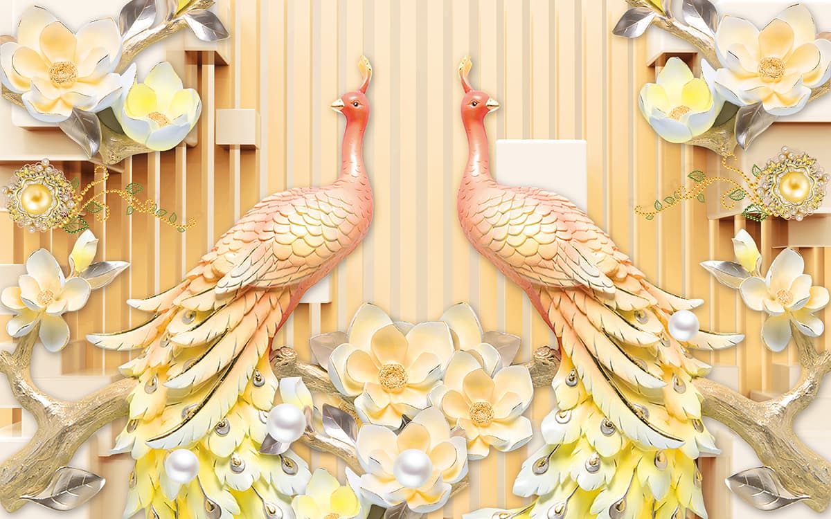 3D Peacocks and Flowers Wallpaper for Living Room pattern detail